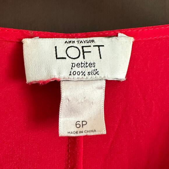 LOFT | Petites Red Silk V Neck Ruffle Trim Sleeveless Dress | Size 6 Petite - Picture 2 of 4